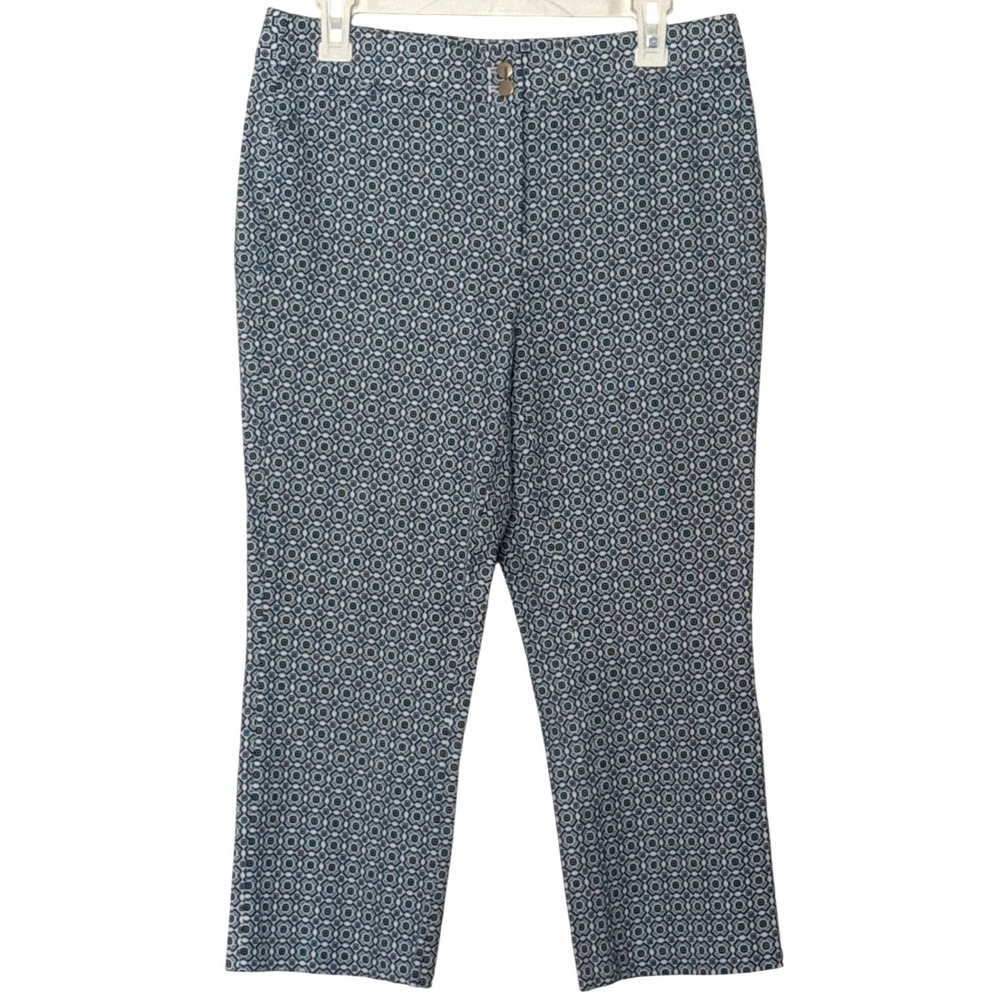 Chicos Brigitte So Slimming Crop Pants Blue White Geometric Tile Womens Size 0.5